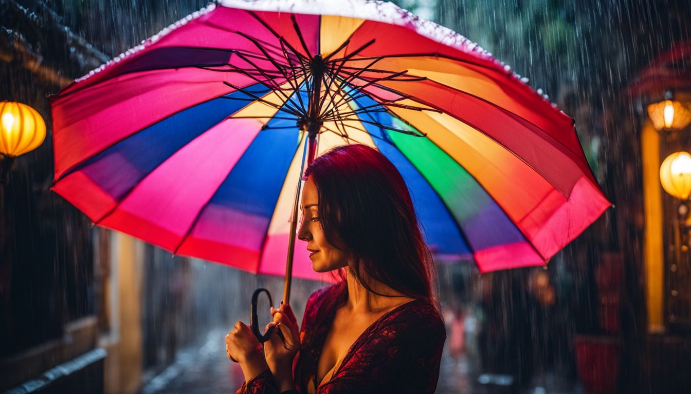A couple shares a romantic moment under a colorful umbrella in a rain-soaked Hoi An street.