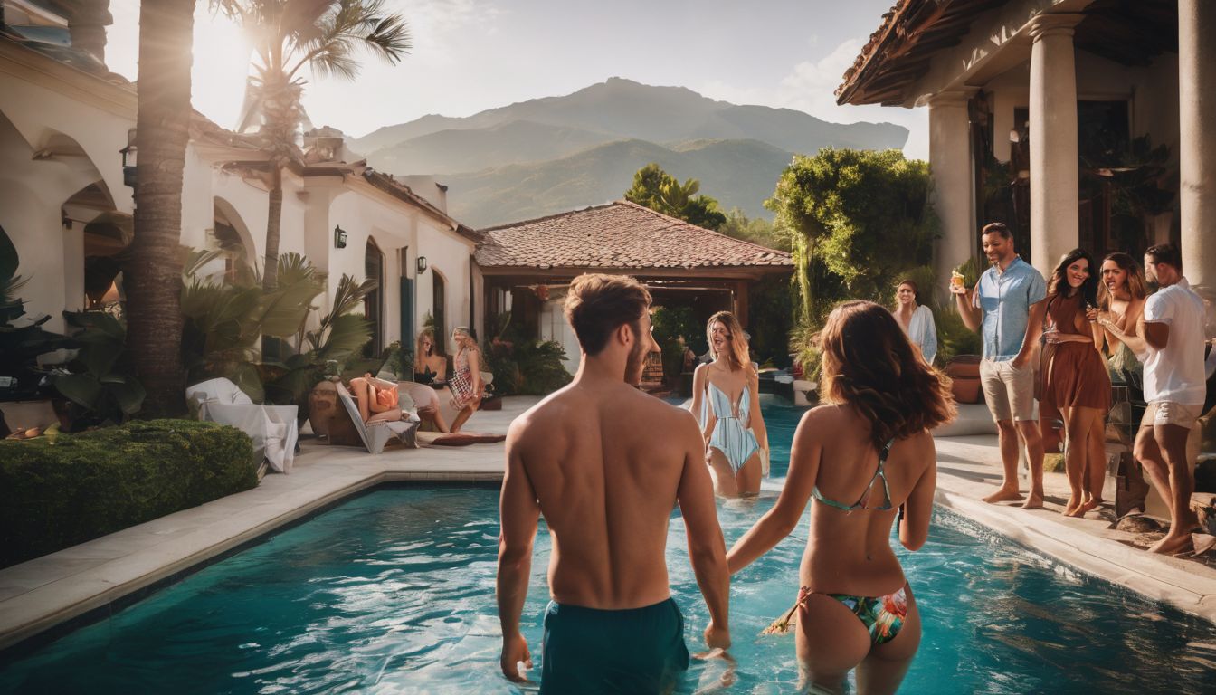 A vibrant pool party with a diverse group of young adults at a luxurious villa.