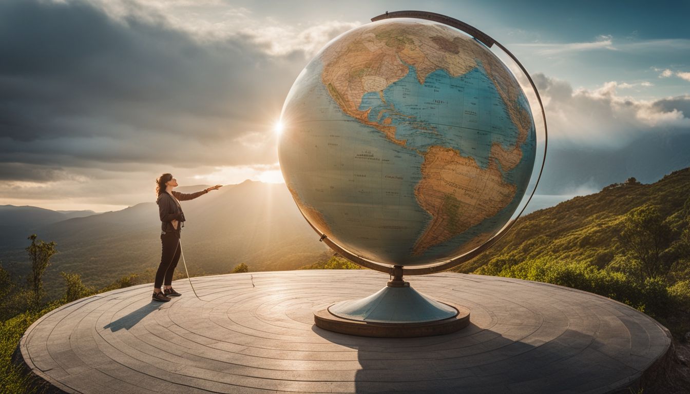 The photo captures a person at the equator with latitude and longitude lines intersecting on a globe.
