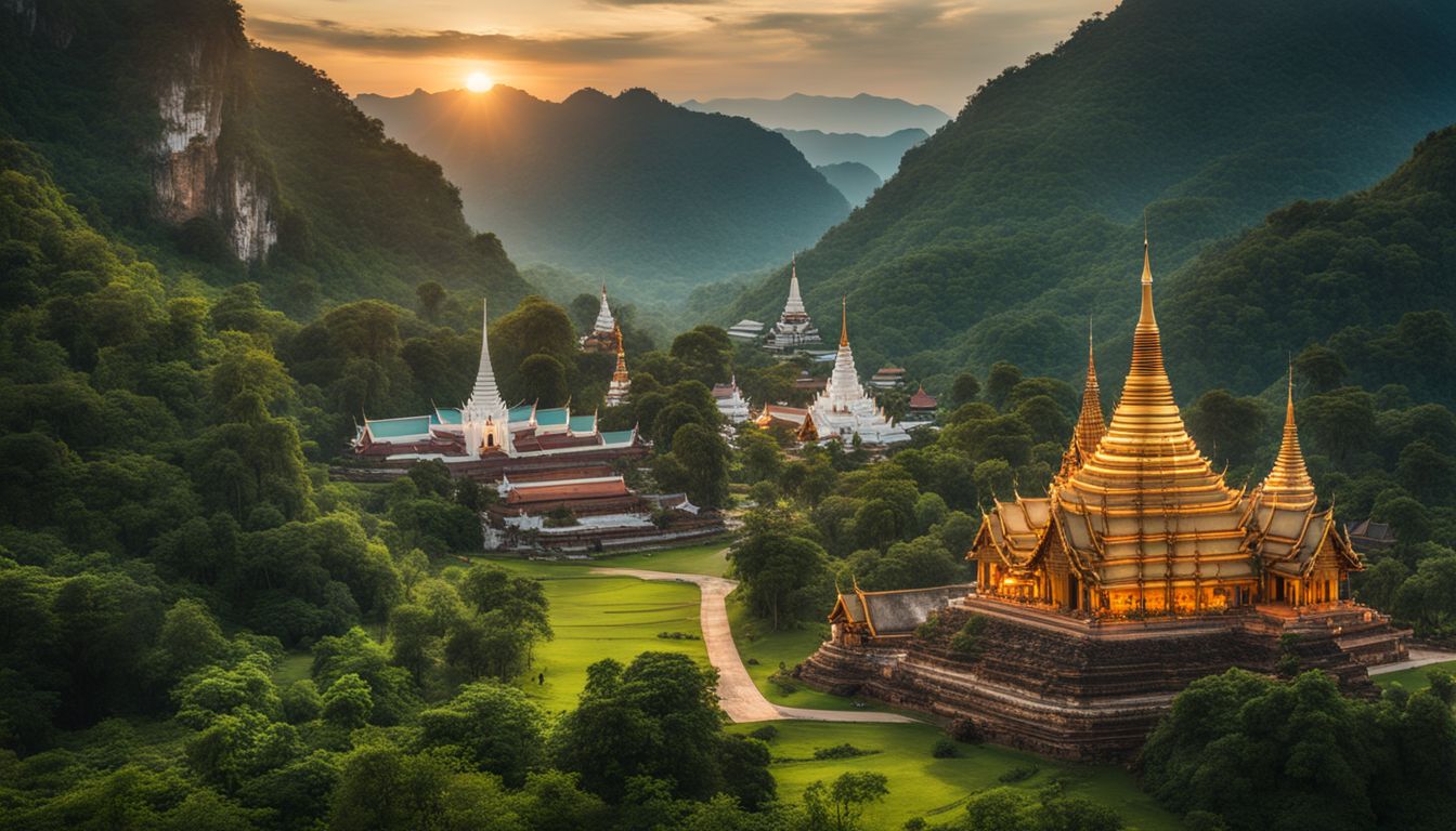 A breathtaking panoramic view of Wat Chaloem Phra Kiat's temples and floating pagodas surrounded by lush mountains.