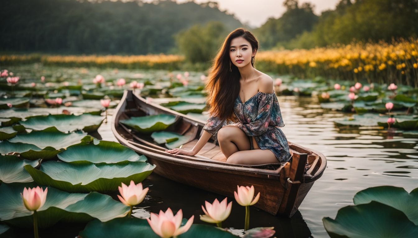 A young woman in various outfits stands on a boat surrounded by blooming lotus flowers.