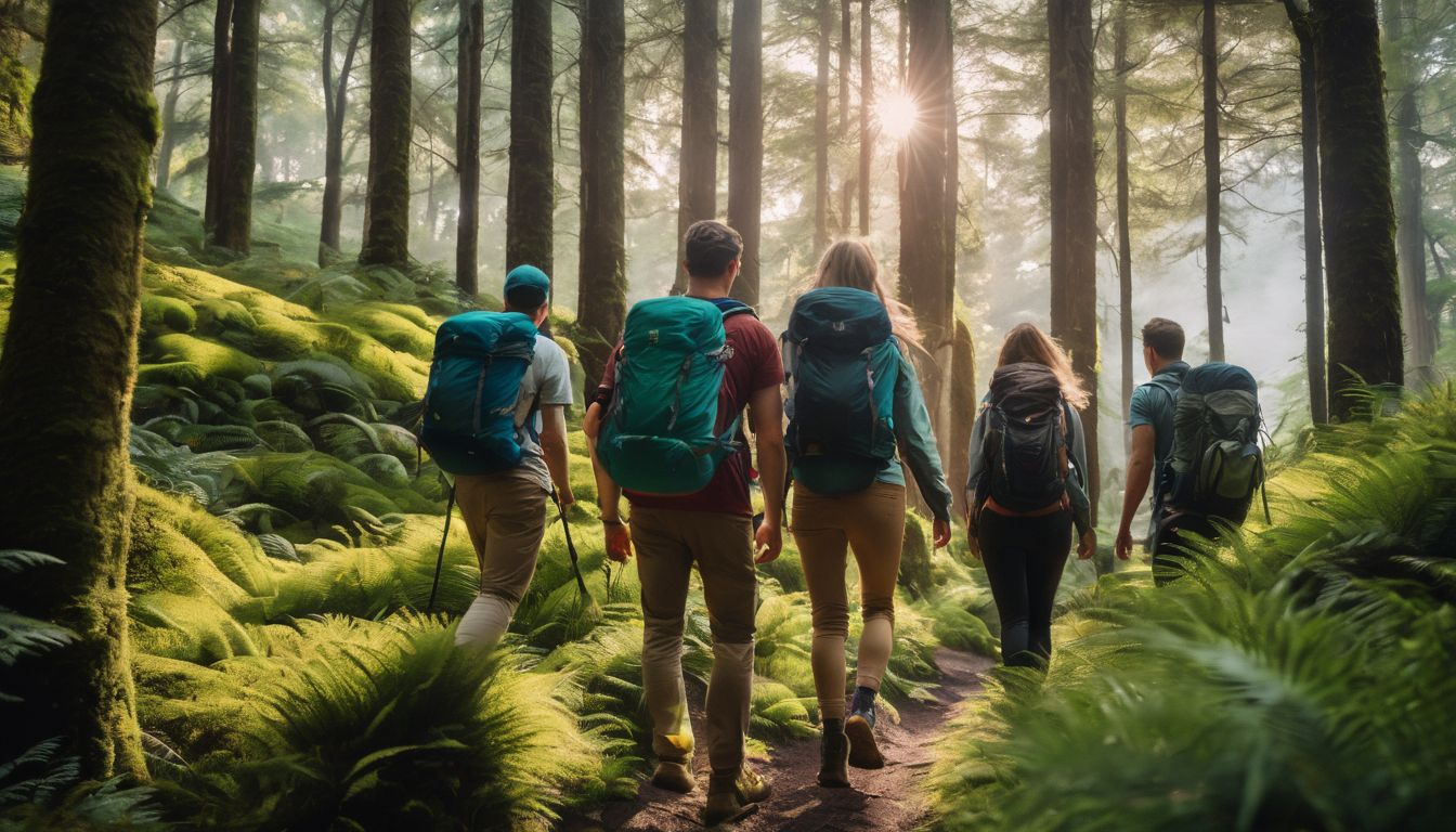 A diverse group of friends enjoy a scenic hike through a lush forest.