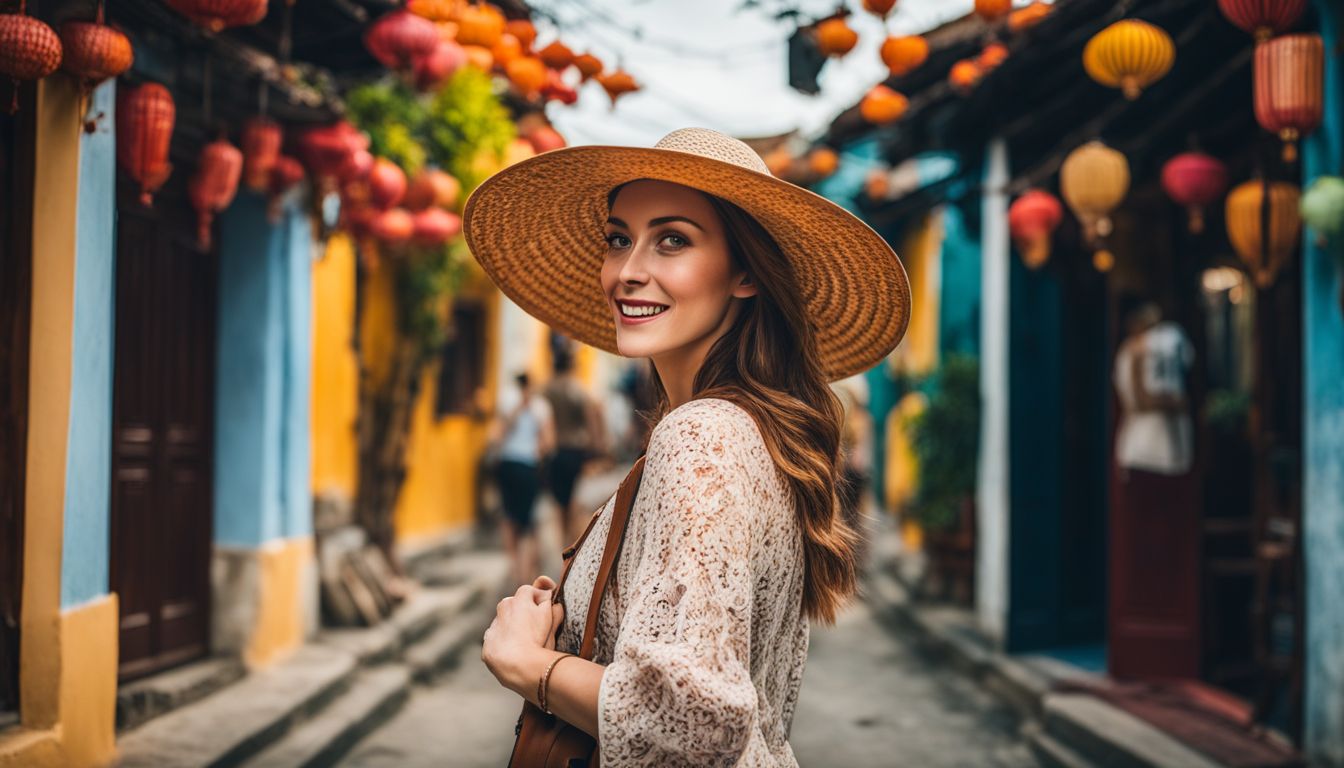 A woman walks along a colorful street in Hoi An, carrying a backpack and wearing a sun hat.