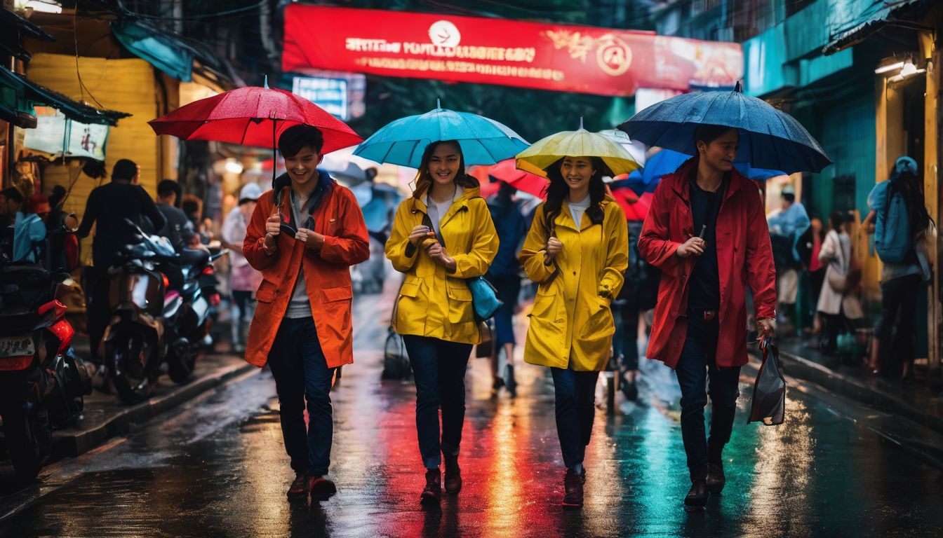 A group of friends wearing raincoats and holding umbrellas explore the bustling streets of Vietnam.