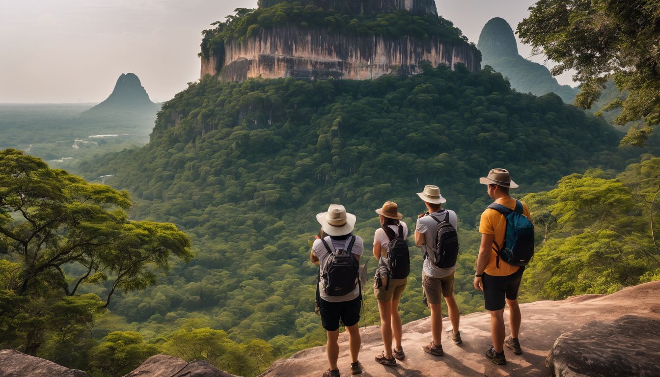 A diverse group of hikers enjoy a breathtaking view of Wat Chaloem Phra Kiat during the dry season.