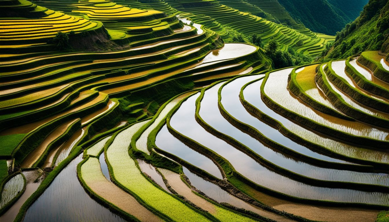 A stunning photo of terraced rice fields in North Vietnam during the dry season, captured in vibrant detail.