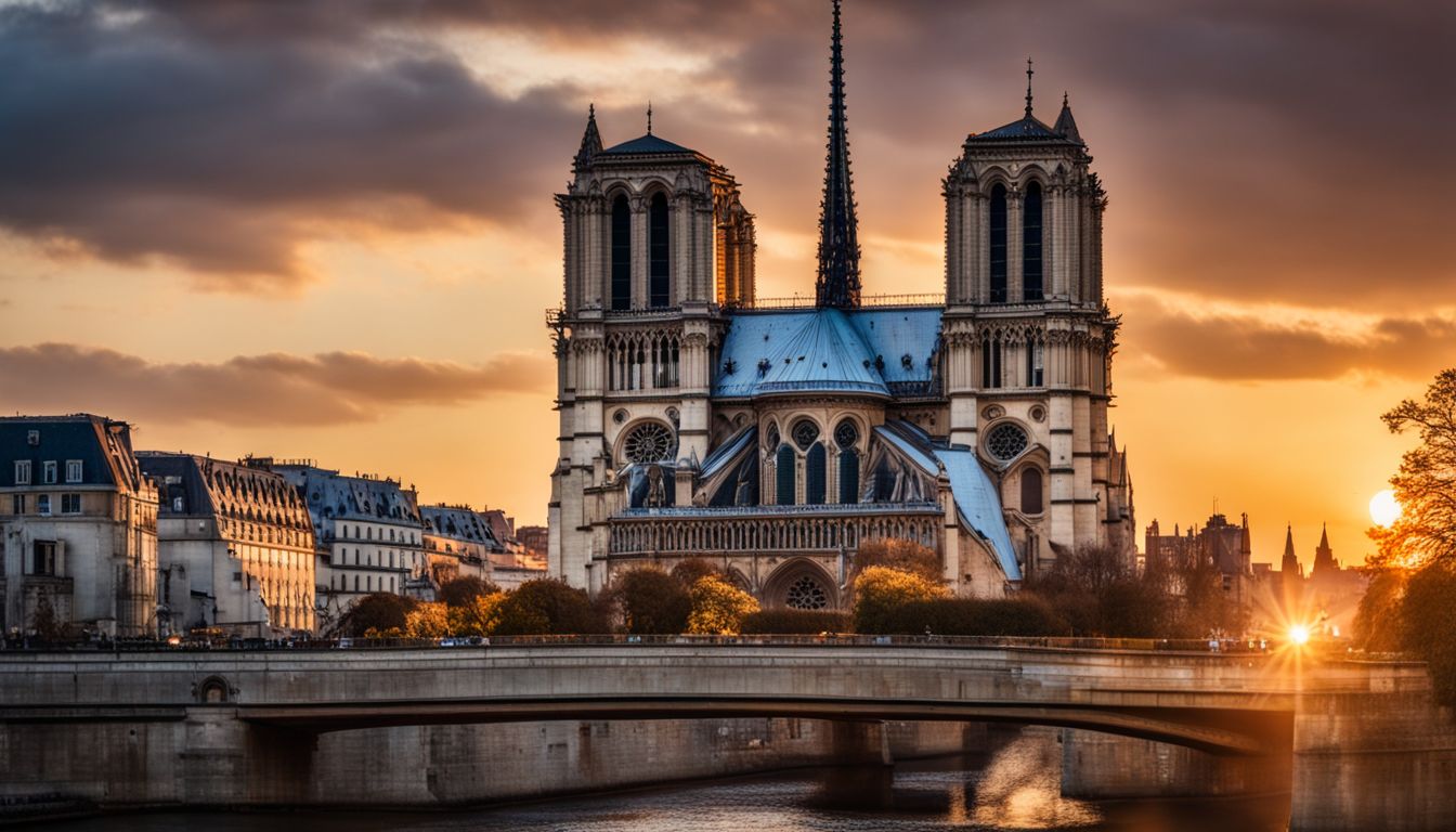 A vibrant photo of Notre-Dame Cathedral at sunset featuring diverse individuals and a bustling atmosphere.