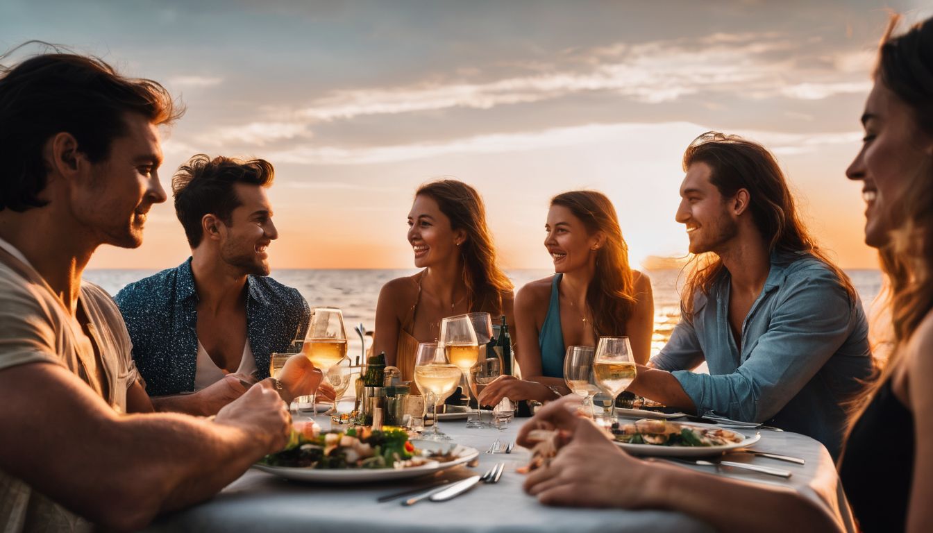 A diverse group of friends enjoying a sunset dinner at a beachfront restaurant.