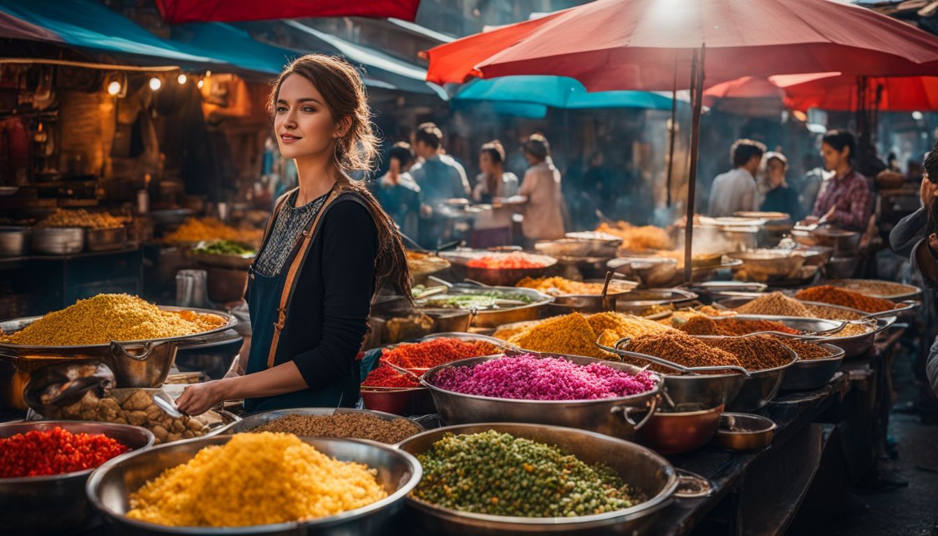 A street food vendor surrounded by a variety of dishes in a bustling cityscape.
