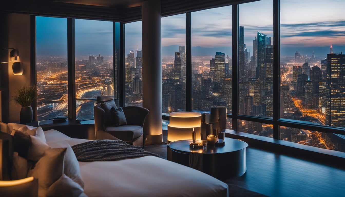 A modern hotel room with a city skyline view at night, featuring diverse individuals and a bustling atmosphere.