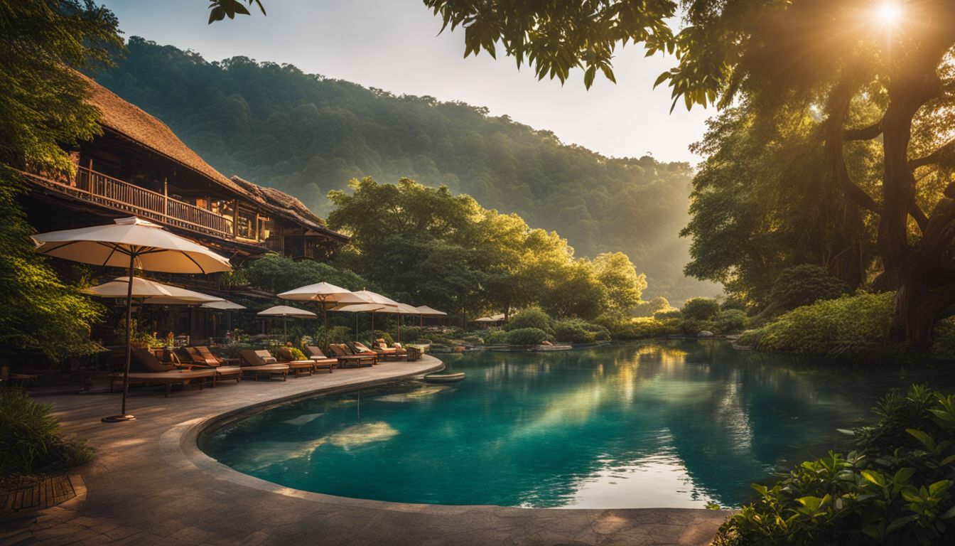 A picturesque riverside resort with a pool, lush gardens, and a bustling atmosphere captured in high-quality photography.