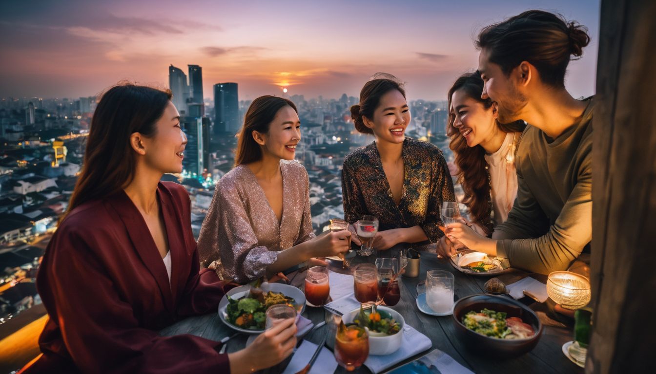 A diverse group of friends enjoy a stunning rooftop view of Ho Chi Minh City at sunset.