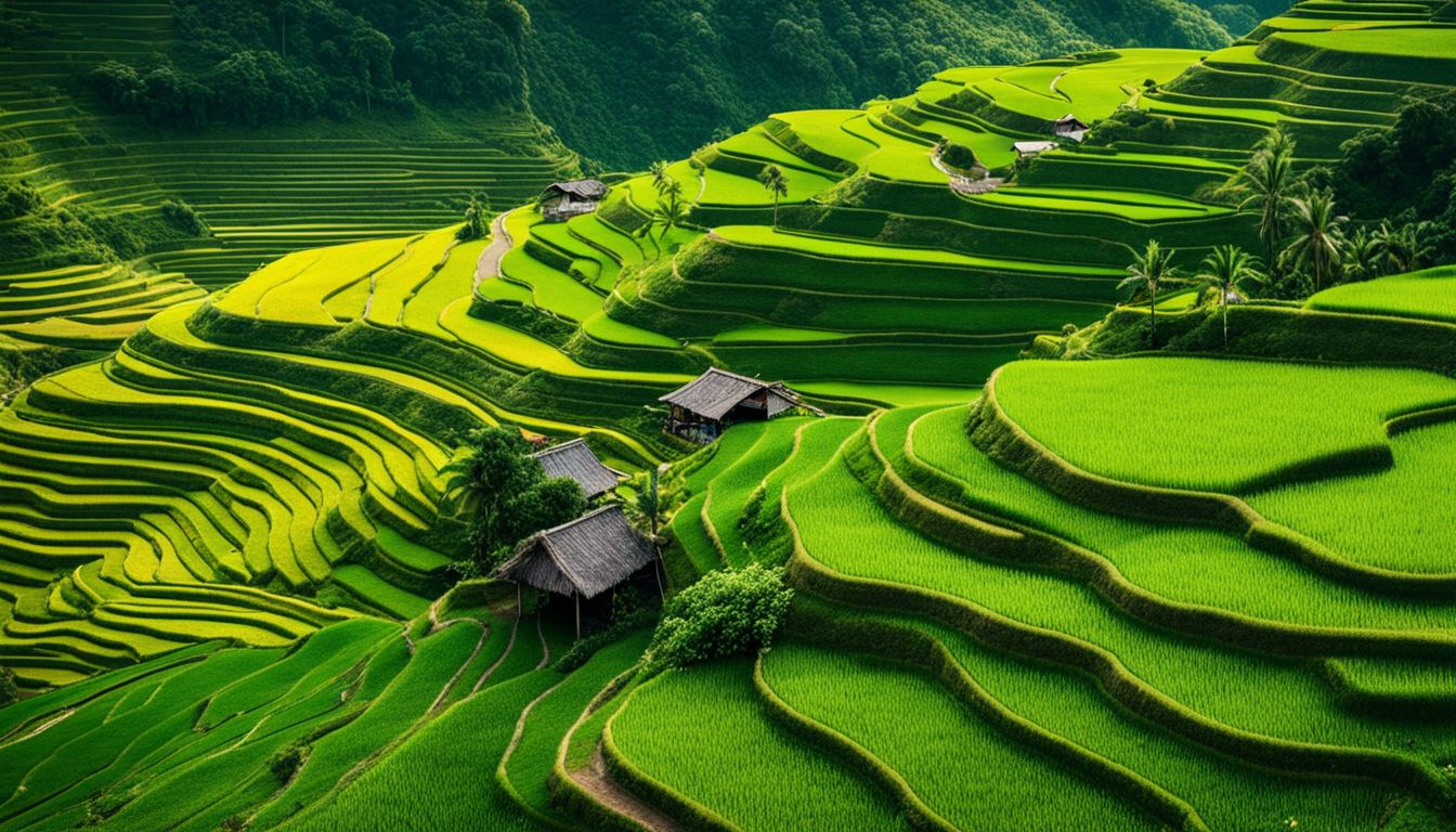 A captivating aerial view of vibrant green rice terraces in Vietnam, showcasing the beauty of the landscape and people.