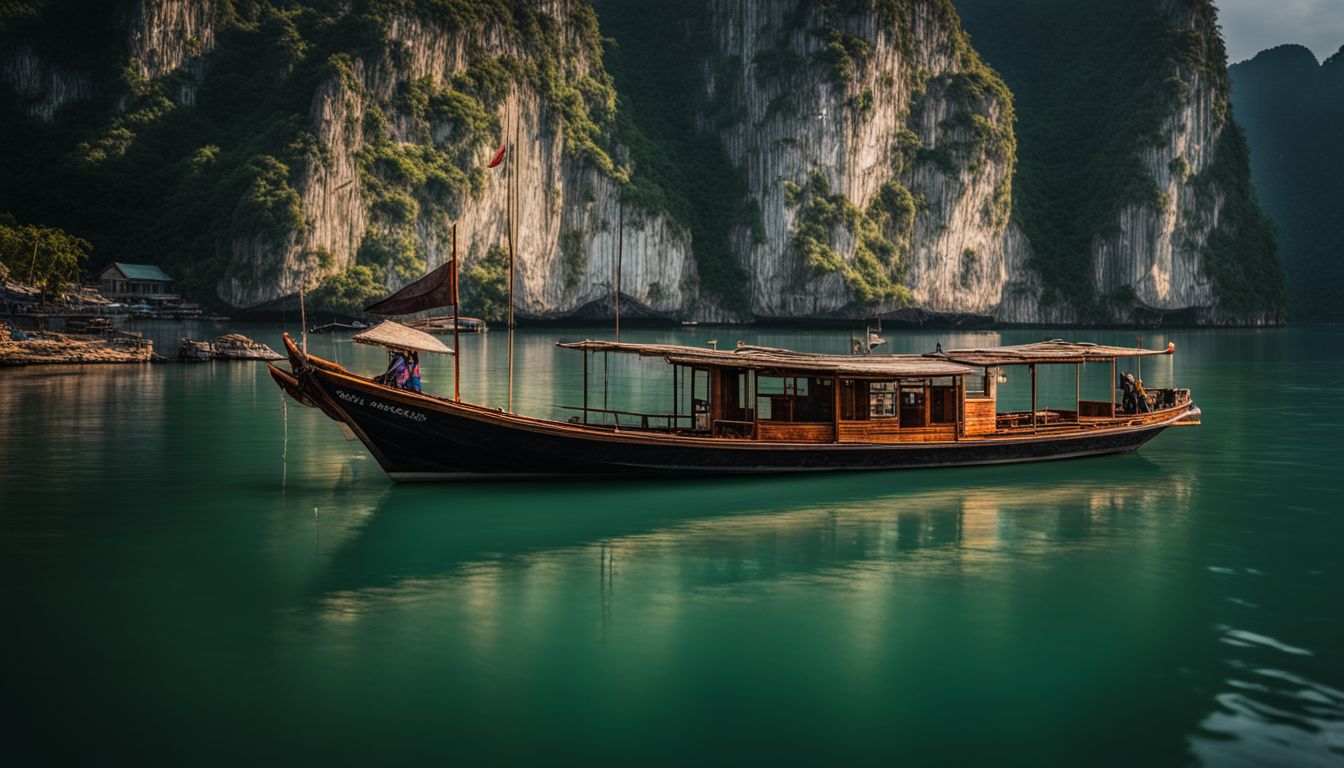 A traditional Vietnamese boat floats peacefully on the calm waters of Ha Long Bay.