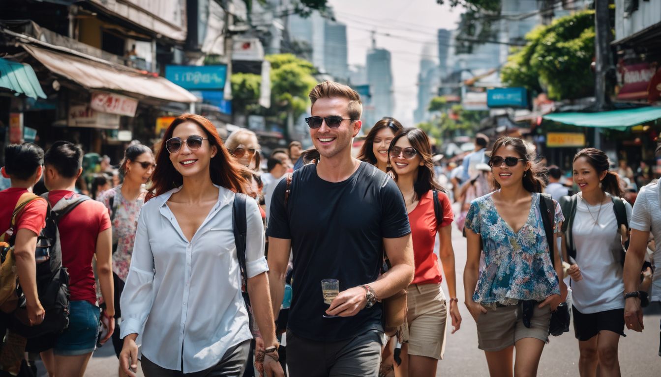 A private tour guide leads a diverse group of travelers through the vibrant streets of Bangkok.