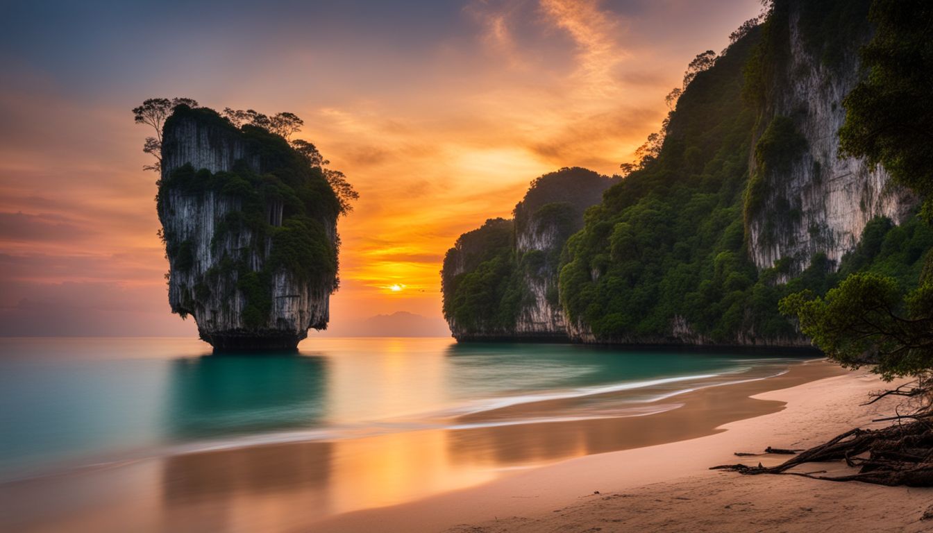 A stunning sunset over the limestone cliffs of Krabi captured in a landscape photograph.