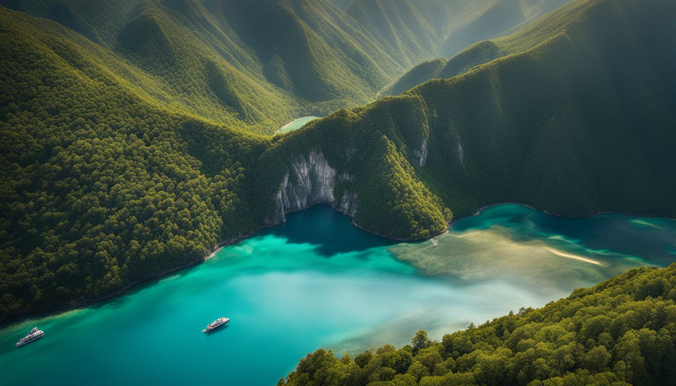 An aerial view of vibrant blue waters surrounded by lush green mountains, featuring a diverse group of people enjoying the picturesque scenery.