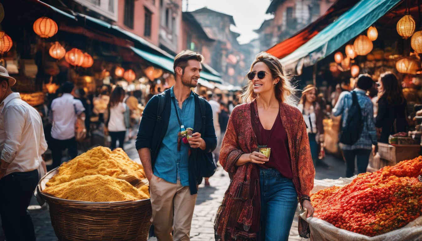 A diverse group of tourists explore a bustling street market in a cityscape, captured with high-quality photography equipment.