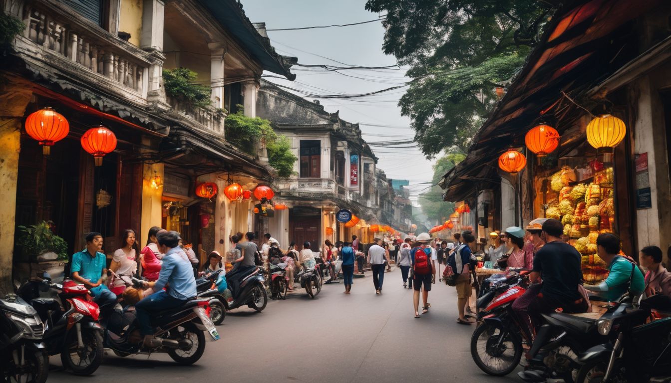 A group of tourists exploring the bustling streets of Hanoi, captured in a high-quality photo.
