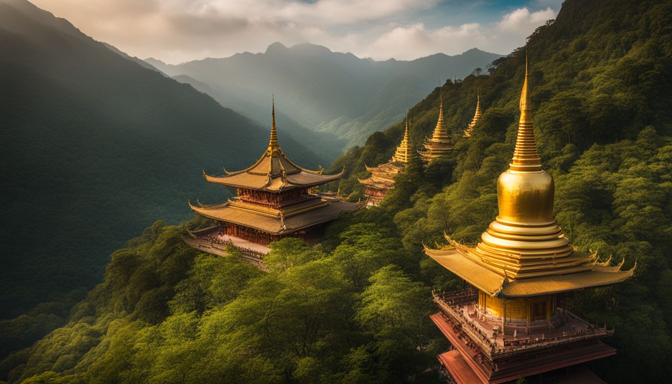 A stunning photograph of golden pagodas surrounded by lush greenery on mountaintops.