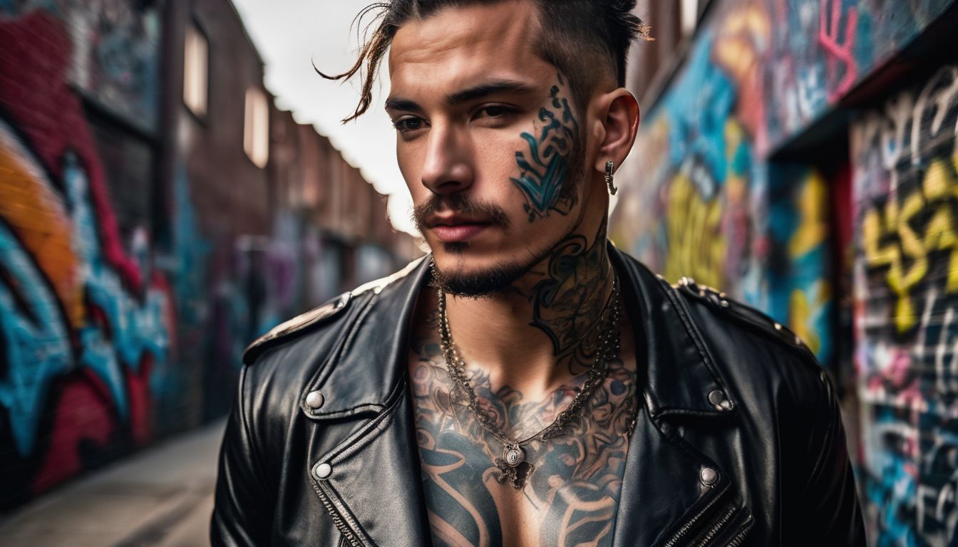 A tattooed thug with a menacing look and a leather jacket stands surrounded by graffiti in an urban setting.