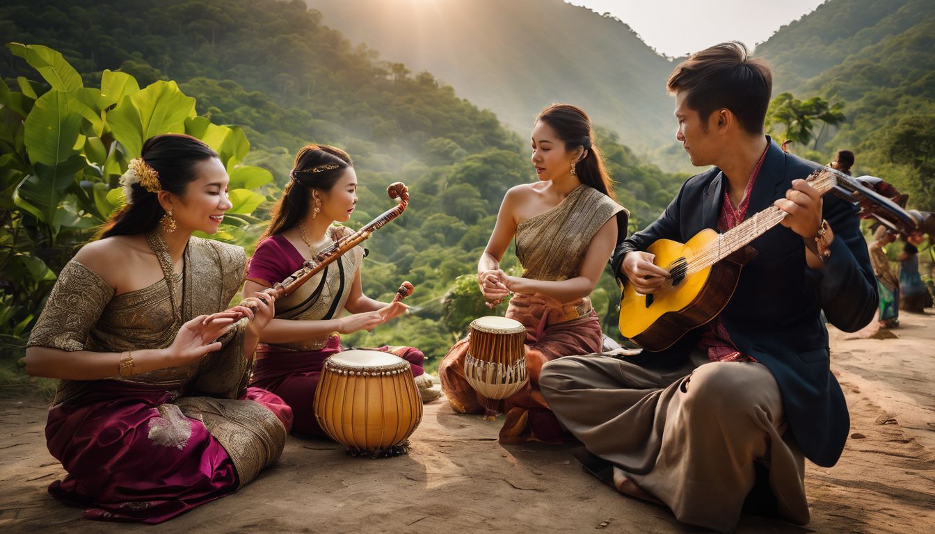 A group of musicians playing traditional Thai instruments in a picturesque outdoor setting.