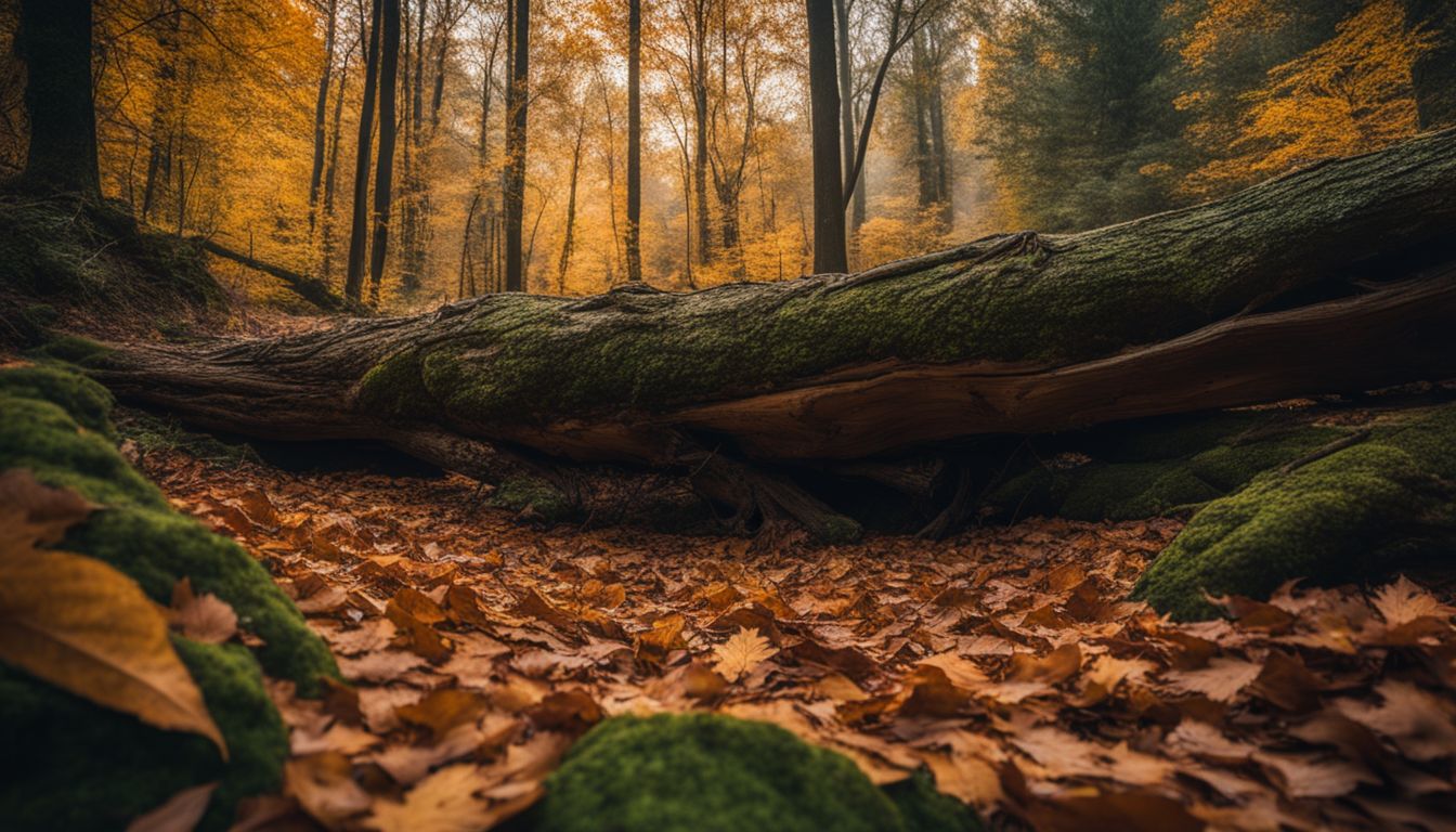 A fallen tree trunk in a dense forest surrounded by fallen leaves and branches, captured in a vibrant and detailed nature photograph.