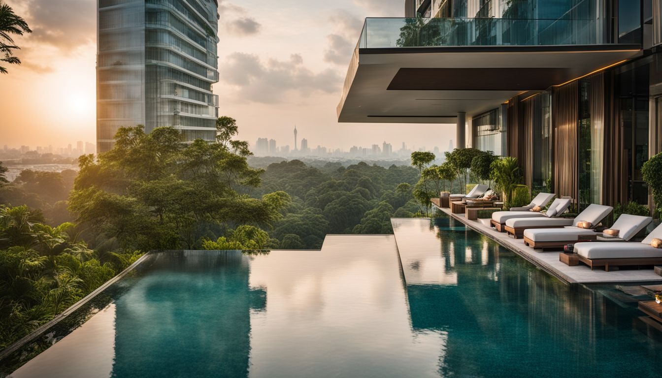 The image shows a beautiful infinity pool surrounded by greenery with people of different appearances enjoying the bustling atmosphere.