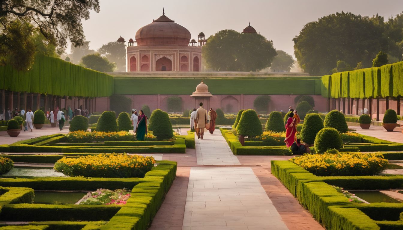 A diverse group of people walking through the beautiful Mughal gardens surrounded by lush greenery.
