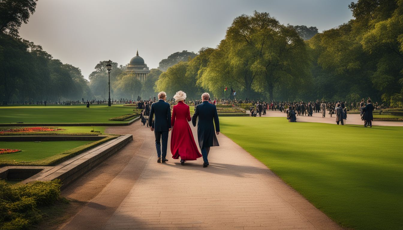 Photo of British officials strolling through Ramna Park in beautifully dressed outfits with a bustling atmosphere.