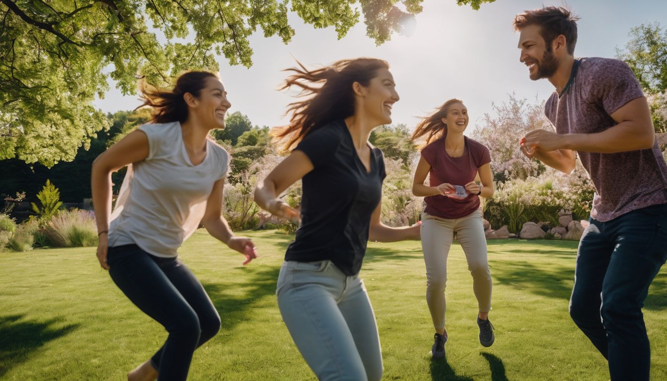 A group of diverse friends enjoy playing frisbee in a beautiful garden.