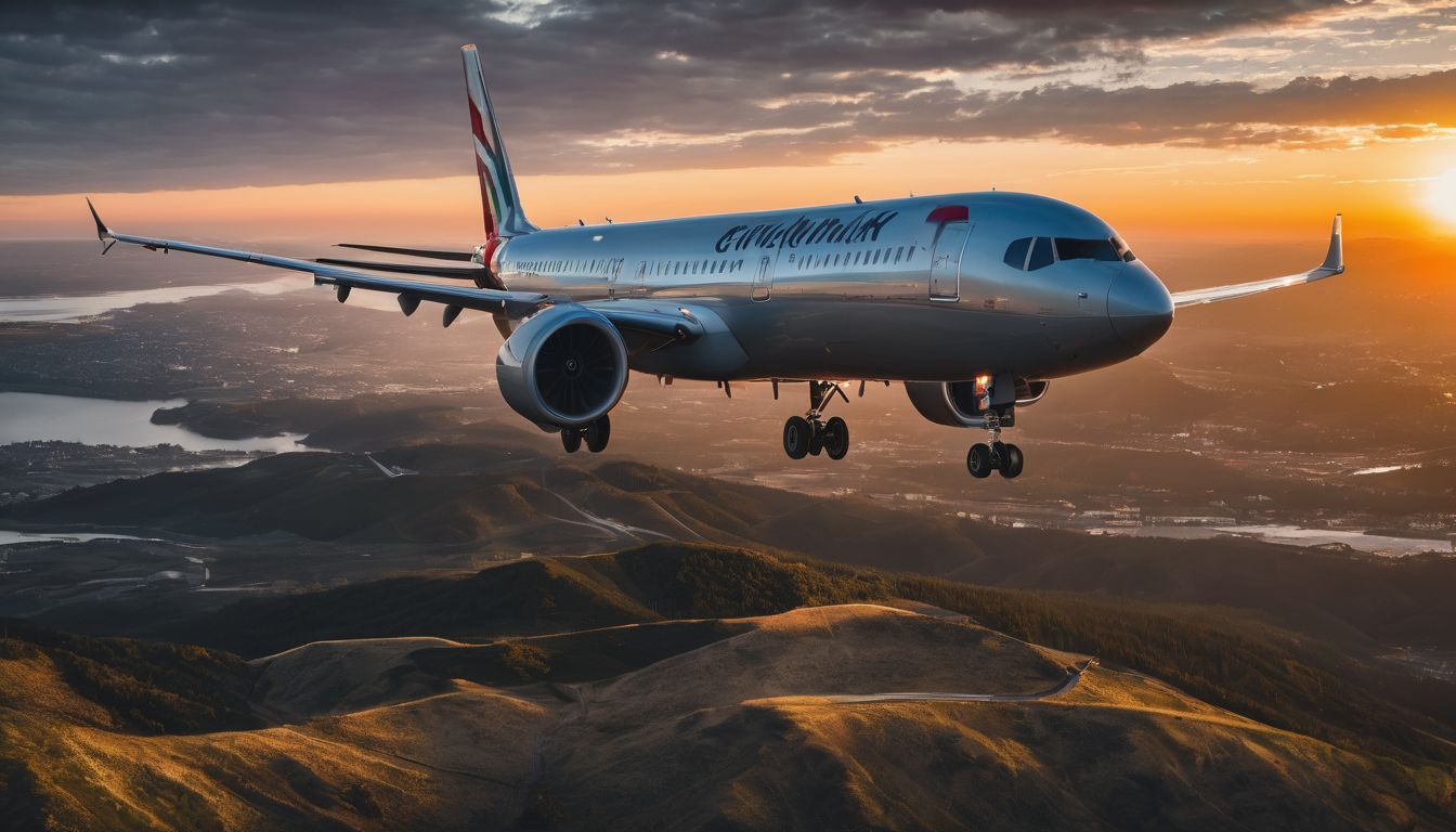 A captivating photo of a plane taking off at sunset with a diverse group of people and a bustling atmosphere.
