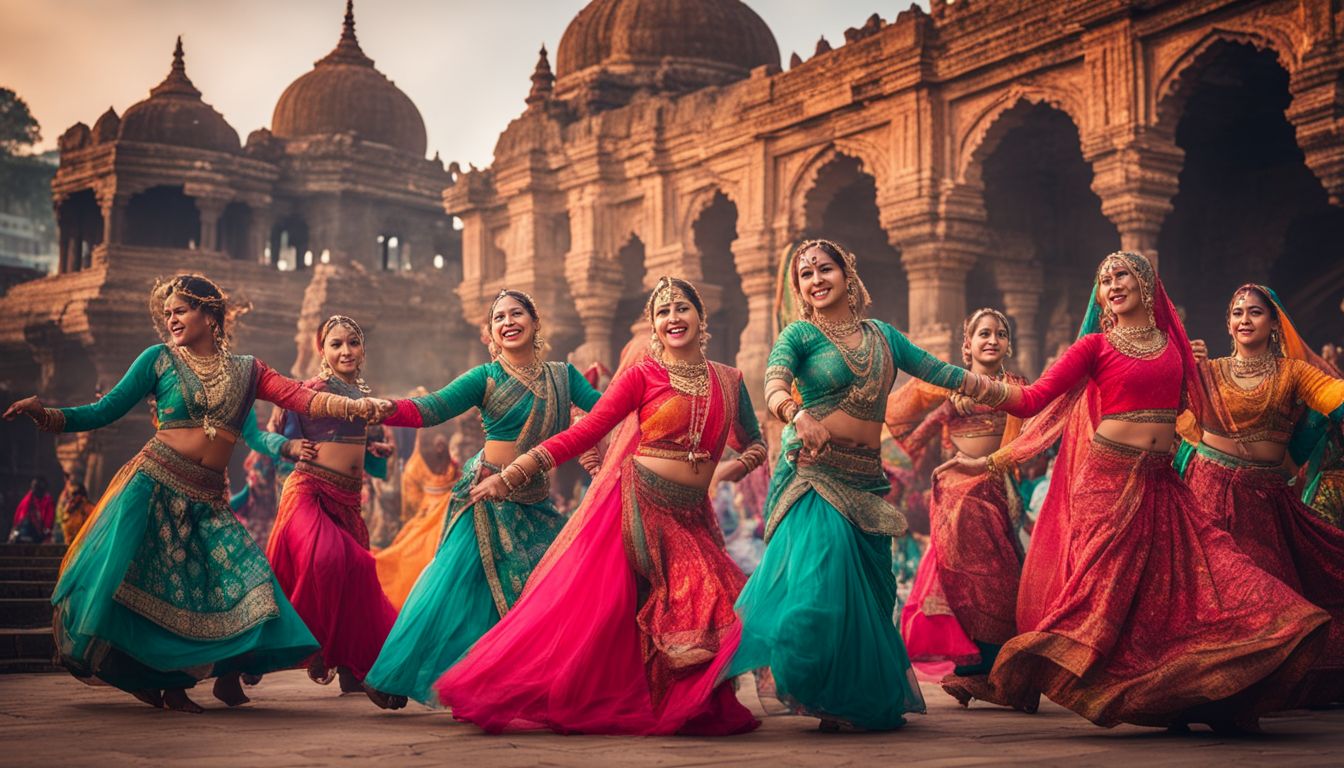 A photo of traditional Bangladeshi dancers performing in colorful costumes against a backdrop of historical landmarks.