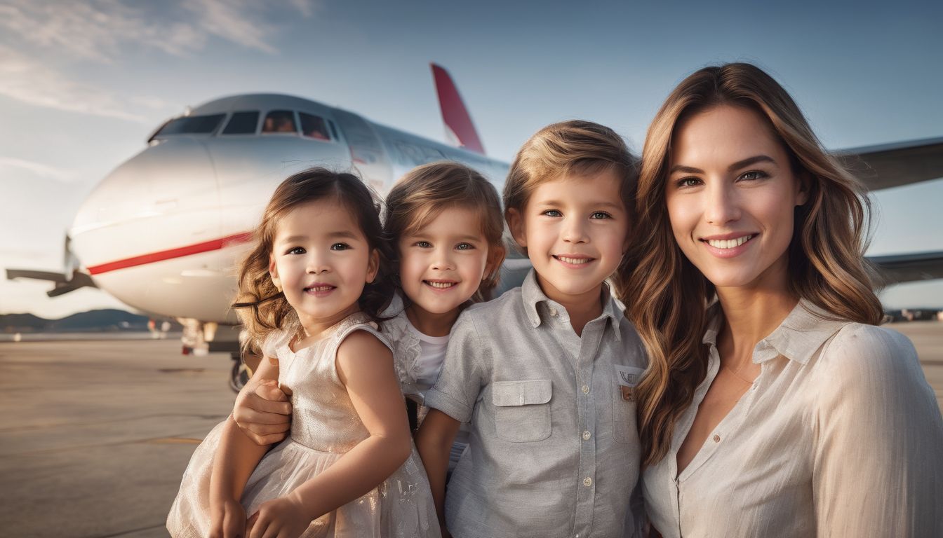 A happy family poses together in front of an airplane, ready for their trip to Thailand.