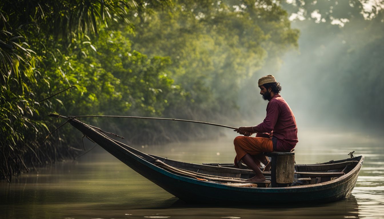 A fisherman navigating the waters of the Sundarbans on a traditional boat.