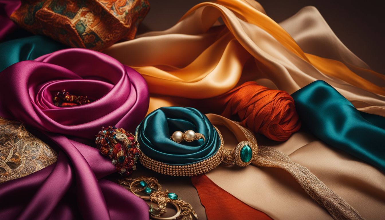 A vibrant display of silk scarves, jewelry, and borkas against a neutral background, showcasing diversity and style.