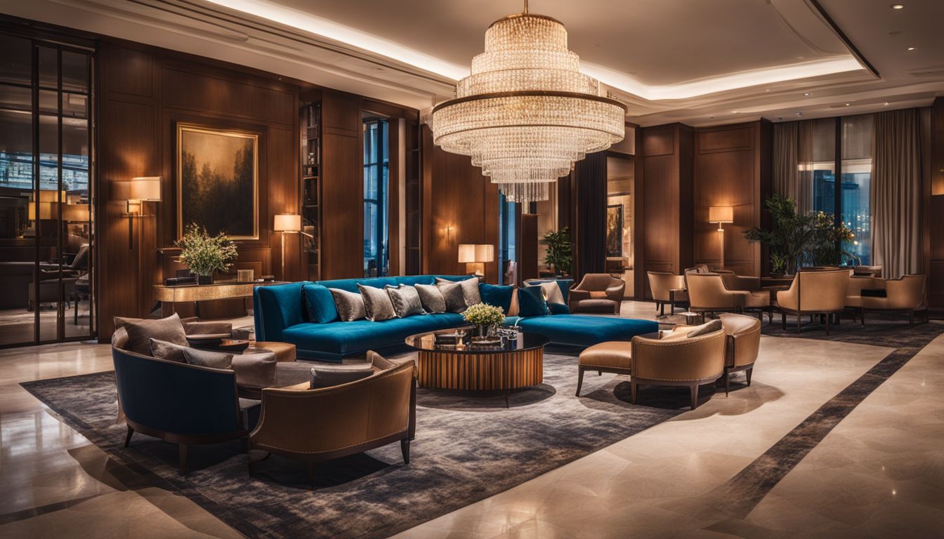 A luxurious hotel lobby with elegant furnishings and a friendly staff, captured in a bustling atmosphere.