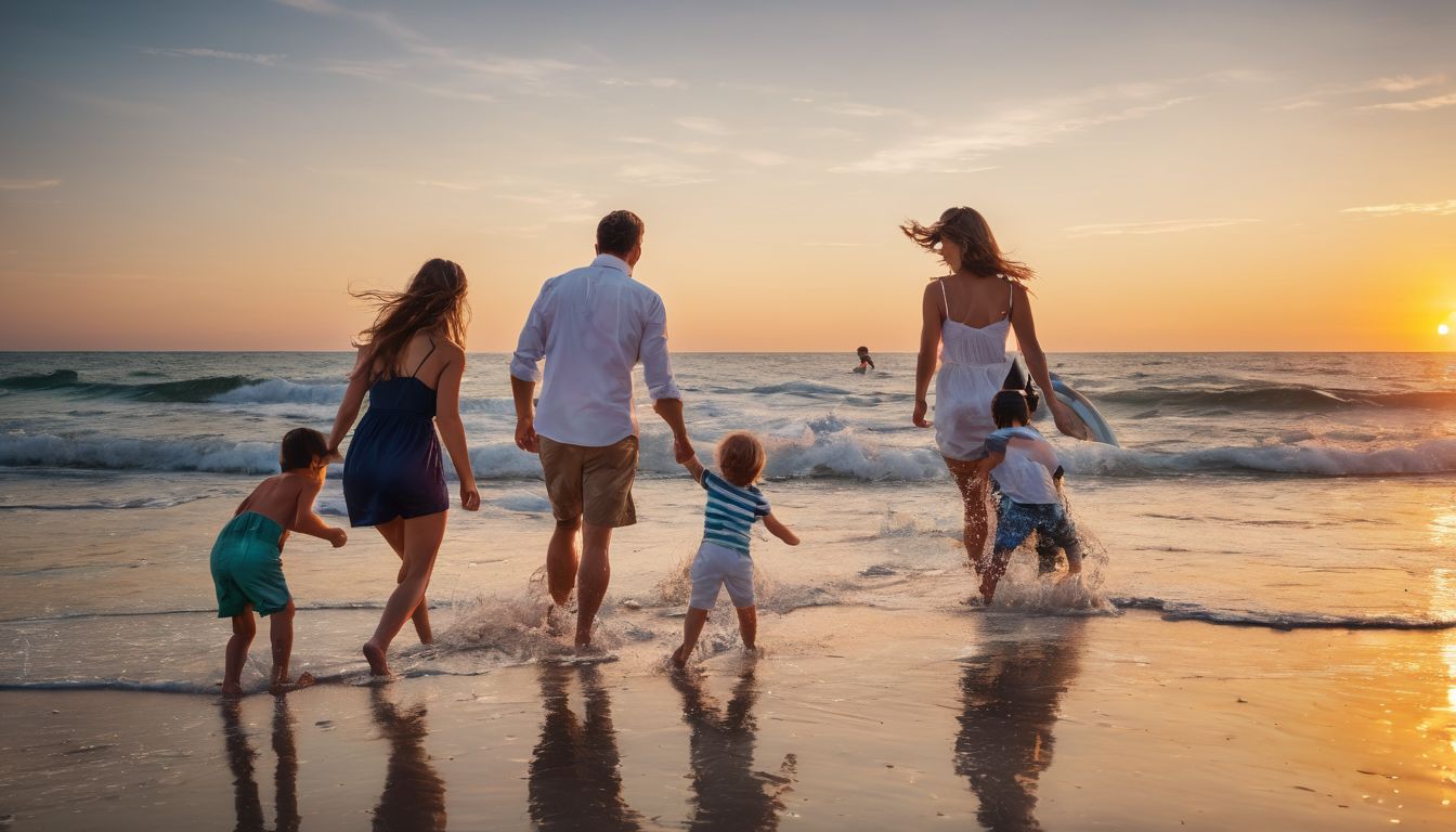 A joyful family enjoys playing beach games together during a beautiful sunset.