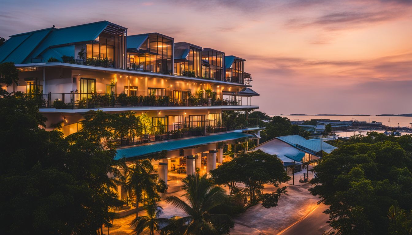 A picturesque sunset view of the administrative buildings of Ko Samet, showcasing a bustling cityscape.