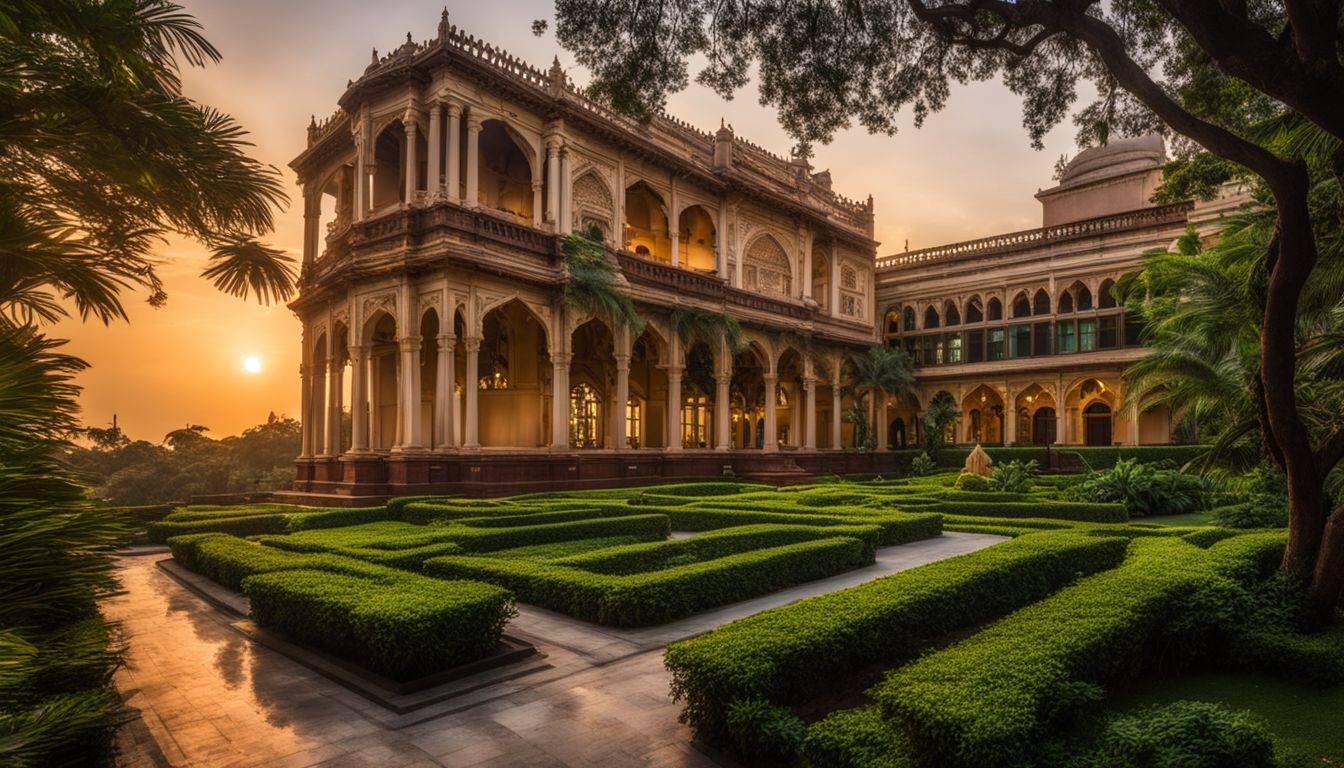 A stunning photograph of Ahsan Manzil surrounded by gardens at sunset, with a bustling atmosphere and diverse individuals.