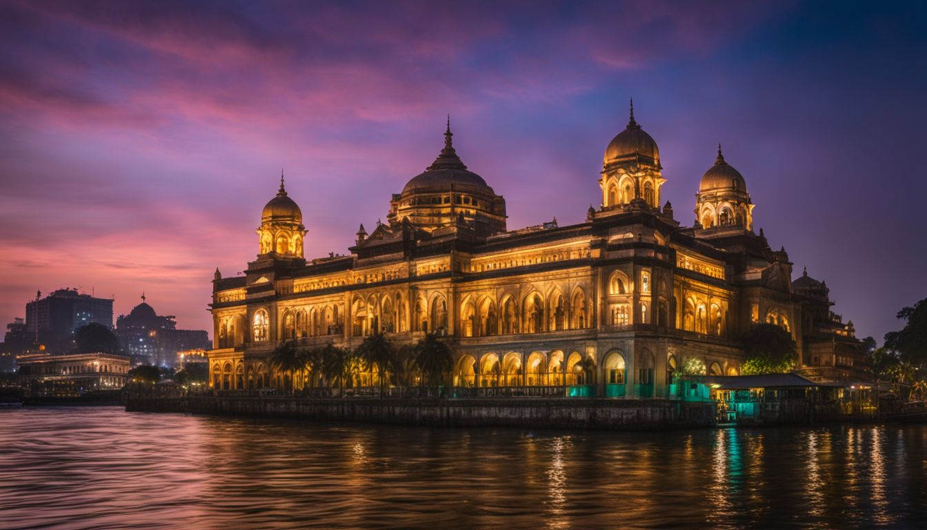The grand facade of Ahsan Manzil at dusk, surrounded by the tranquil Buriganga River, with a bustling atmosphere.
