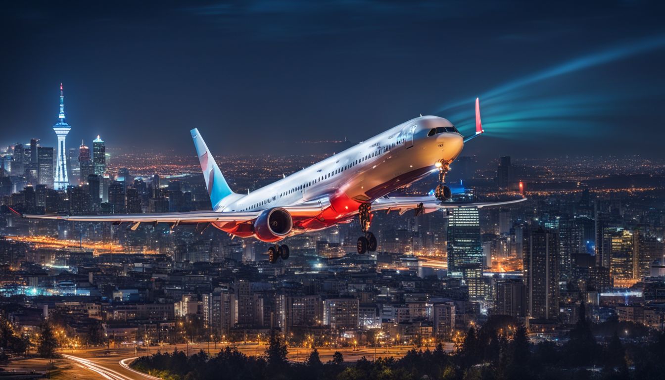A stunning night shot of an airplane taking off against a cityscape backdrop.