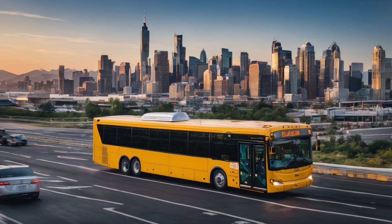 A diverse group of travelers board an airport bus against a cityscape backdrop.