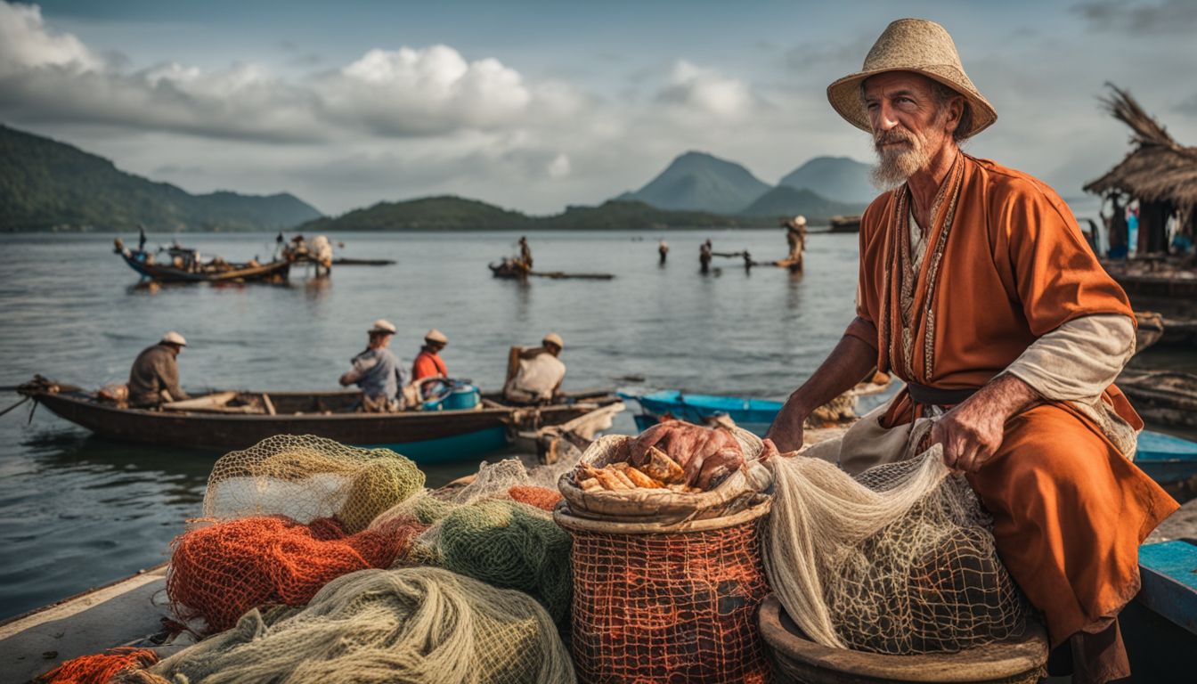 A local fisherman proudly displays his fresh catch surrounded by fishing nets and boats.