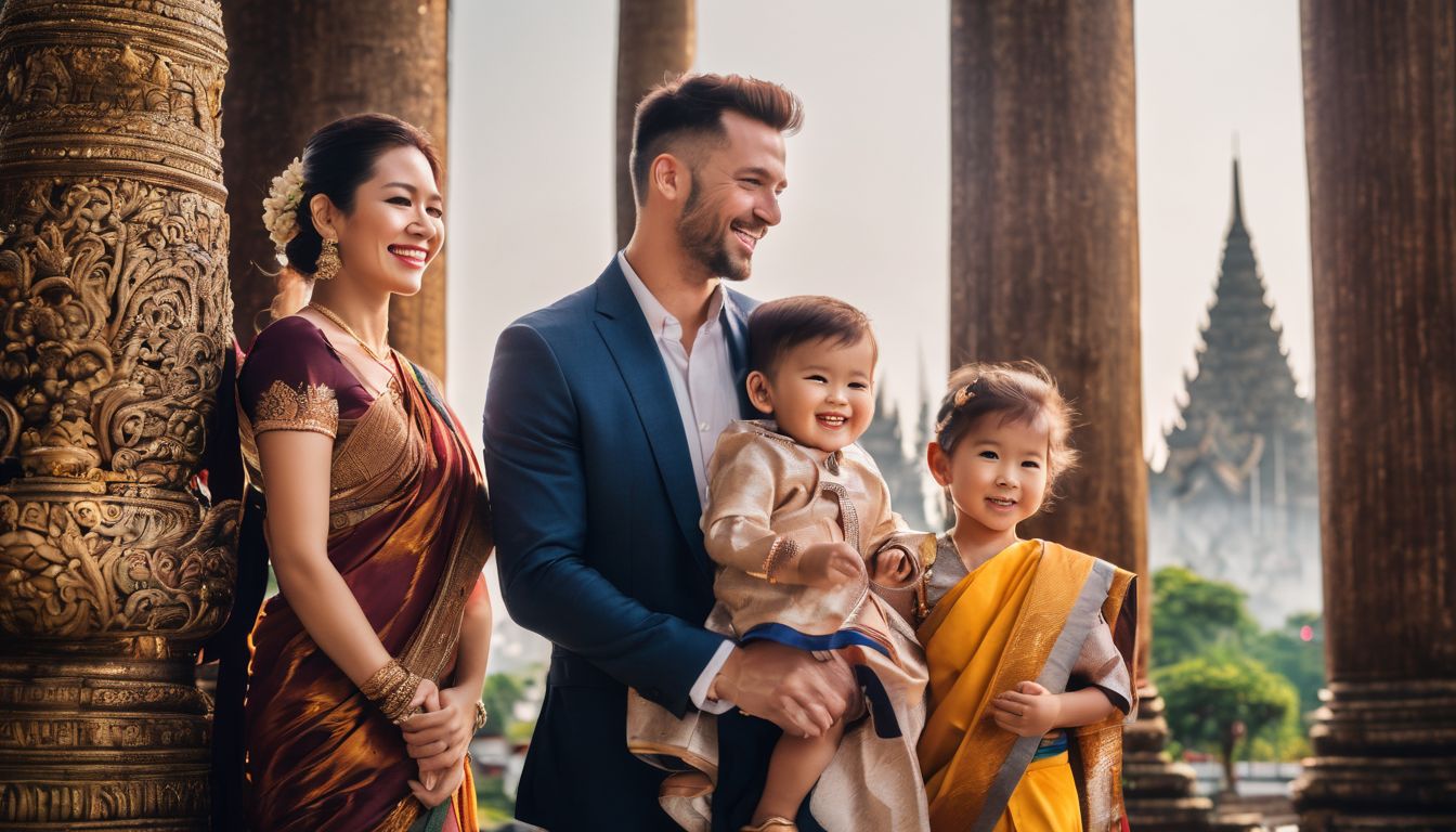 A joyful family explores a beautiful temple in bustling Bangkok.