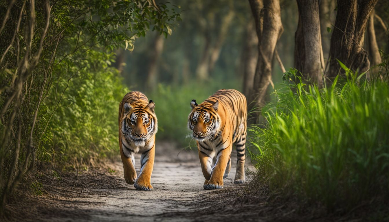 A Bengal tiger stealthily prowls through the dense undergrowth of the Sundarbans Mangrove forest.