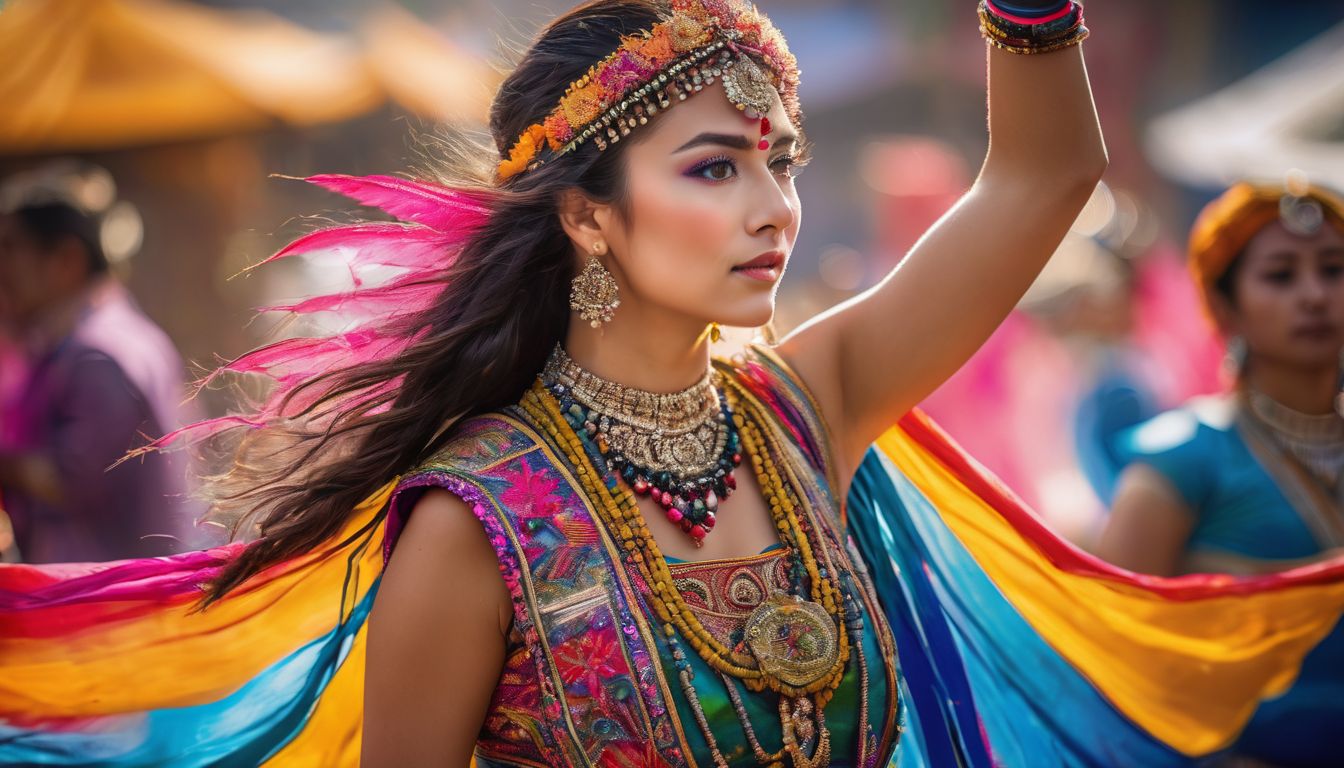 A photo of a traditional dancer surrounded by colorful artwork, depicting different faces, hair styles, and outfits.
