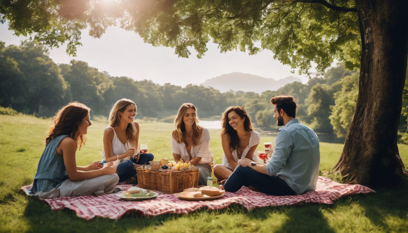 A diverse group of friends enjoy a picnic in a beautiful park surrounded by nature.