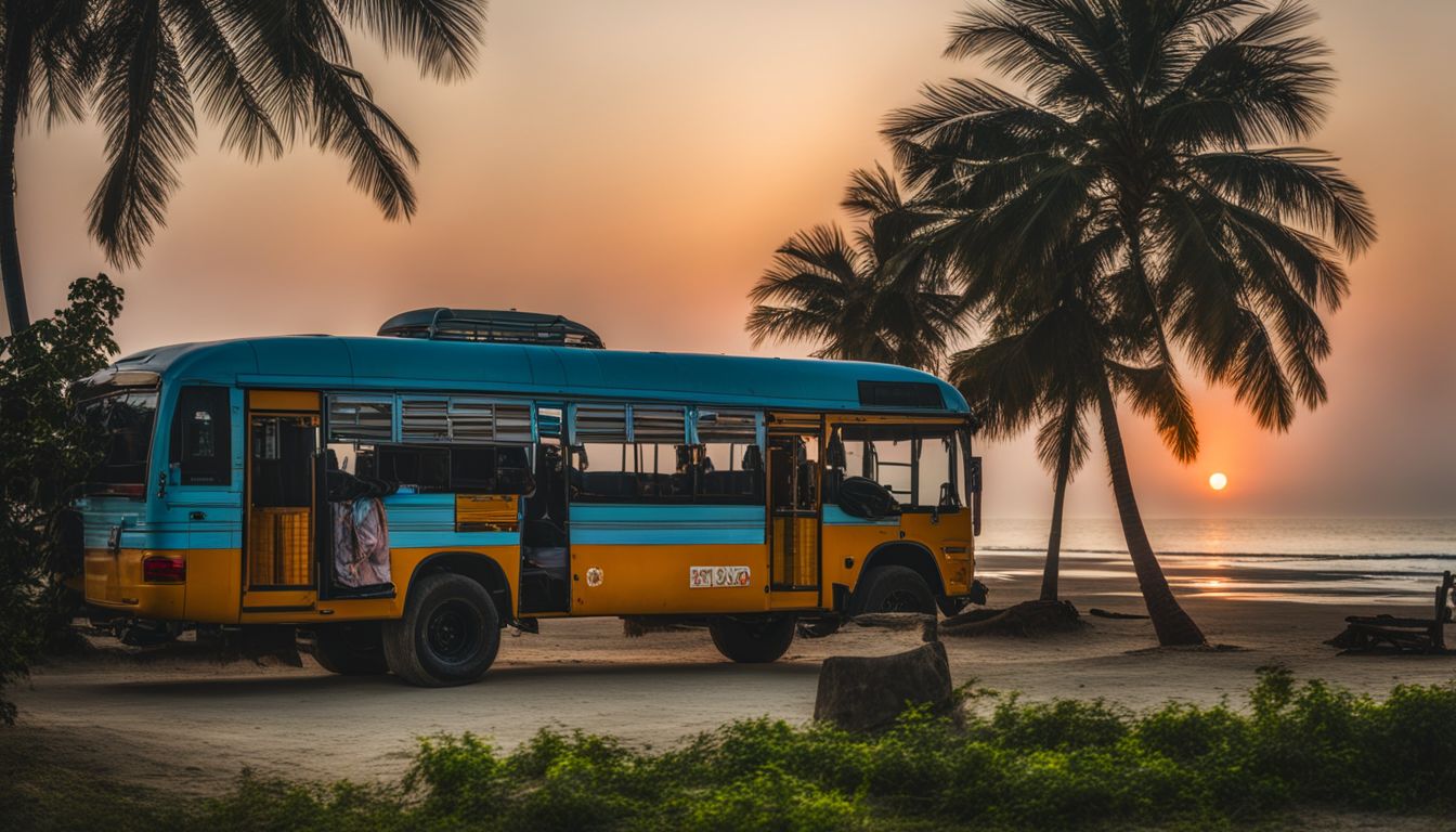 A bus parked in front of a scenic beach in Cox's Bazar, with a diverse group of people and a bustling atmosphere.