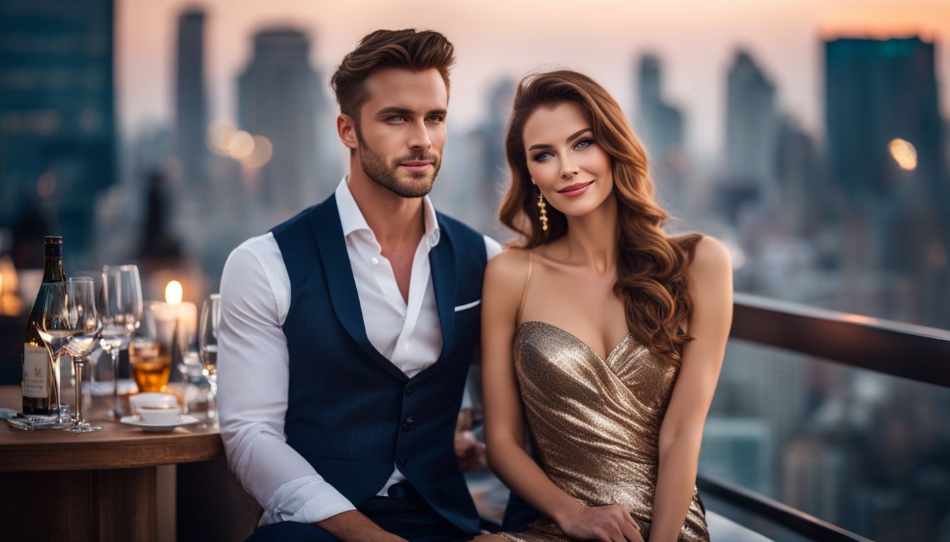 A photo of an elegant couple enjoying a meal at a luxurious rooftop restaurant with a stunning cityscape as the backdrop.